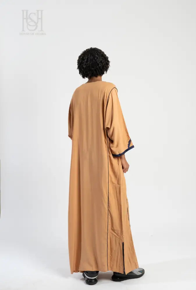 Men’s Moroccan Thobe - Peach with Sapphire Embroidery