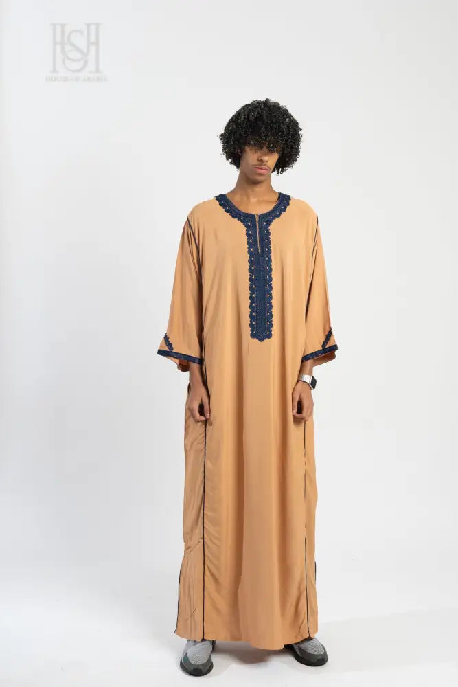 Men’s Moroccan Thobe - Peach with Sapphire Embroidery