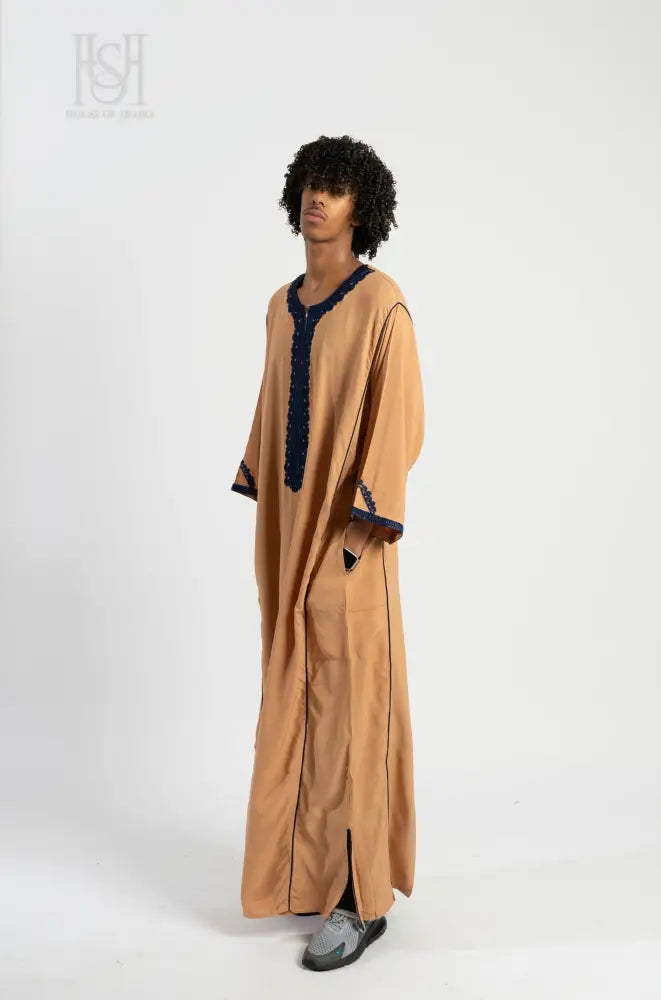 Men’s Moroccan Thobe - Peach with Sapphire Embroidery