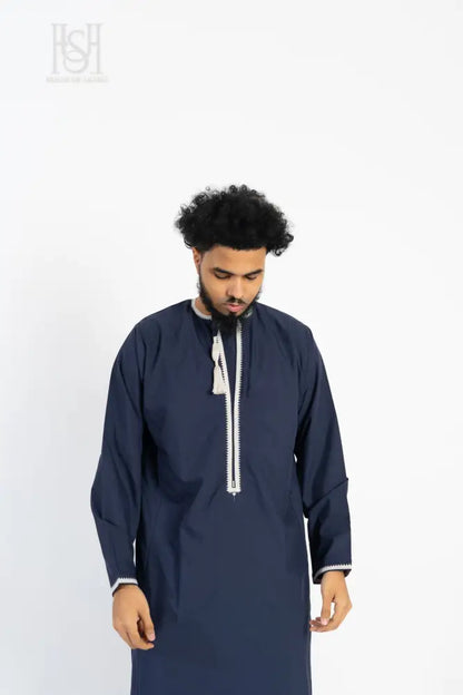 Men’s Omani Thobe with Design - Navy Blue with White Tassel