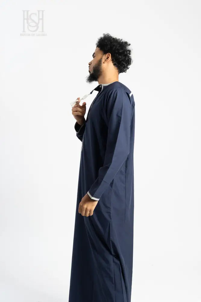 Men’s Omani Thobe with Design - Navy Blue with White Tassel