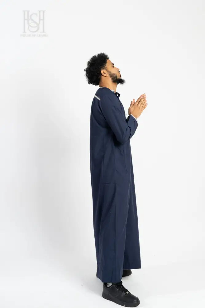Men’s Omani Thobe with Design - Navy Blue with White Tassel