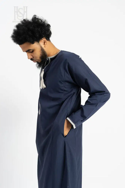 Men’s Omani Thobe with Design - Navy Blue with White Tassel