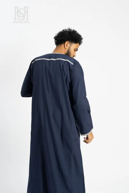 Men’s Omani Thobe with Design - Navy Blue with White Tassel