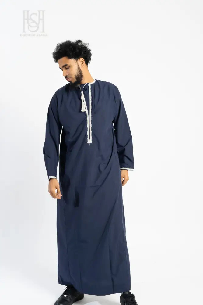 Men’s Omani Thobe with Design - Navy Blue with White Tassel