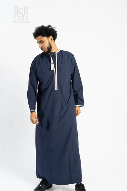 Men’s Omani Thobe with Design - Navy Blue with White Tassel