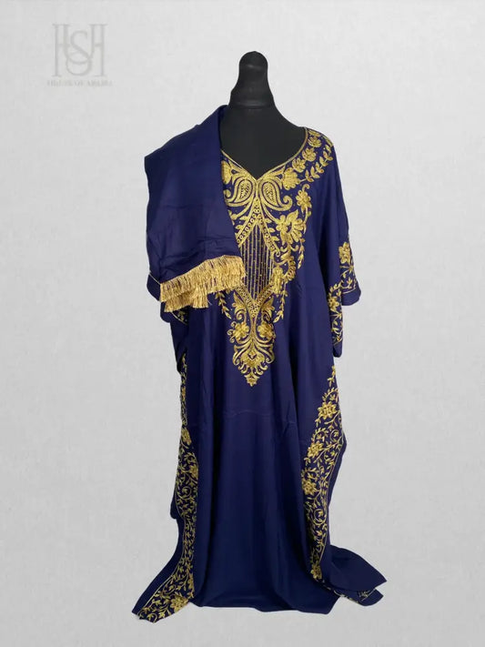 Royal Blue Elegance Embroidered Kaftan with Tassel Head Wrap